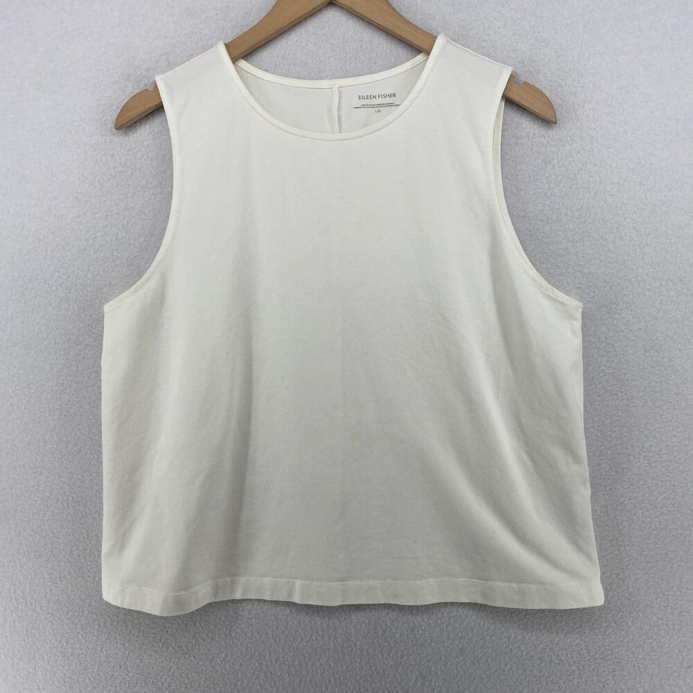 EILEEN FISHER Top L Sleeveless Stretch Cotton Jersey Crew Neck Off White USA